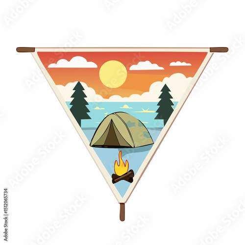 Wild Life Pennant – Tent and Campfire at Sunset Vector