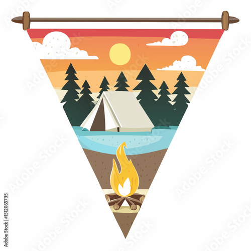 Wild Life Pennant – Tent and Campfire at Sunset Vector