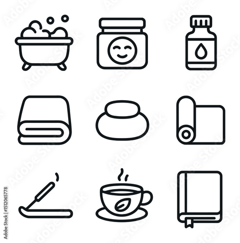 Self-Care Ritual Icons. Outline icon set of blissful self-care rituals: bubble bath tub, face mask jar, essential oil bottle,