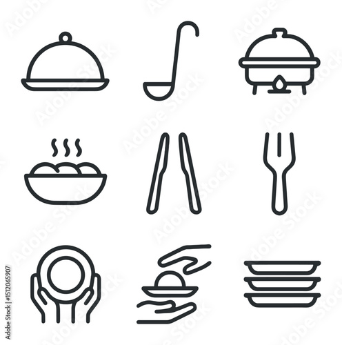 Serving Icons Collection. Outline icon set of serving and sharing: serving platter, ladle, buffet tray, family style bowl, tongs,