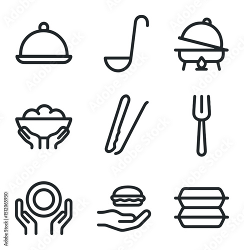 Serving Icons Collection. Outline icon set of serving and sharing: serving platter, ladle, buffet tray, family style bowl, tongs,