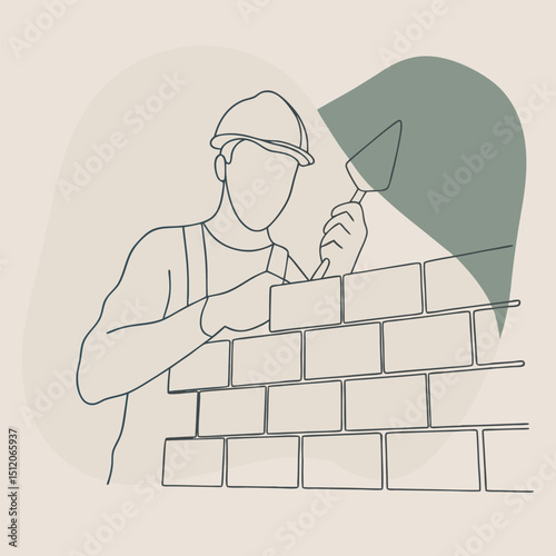 Illustration of a Bricklayer Constructing a Brick Wall with Trowel Wearing Hard Hat