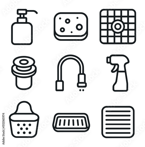 Sink Accessories Icons. Outline icon set of sink accessories for fruit wash: soap pump, sponge, sink grid, drain stopper, spray