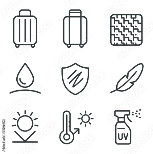 Smart Luggage Icons. Outline icon set of smart luggage materials: polycarbonate shell, aluminum frame, carbon fiber pattern,