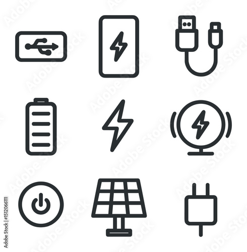 Smart Luggage Icon Set. Outline icon set of smart luggage charging: USB port, power bank, charging cable, battery level, lightning