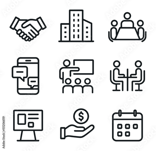 SME Cooperation Icons. Outline icon set of SME cooperation platforms: handshake, cluster of buildings, meeting room, smartphone