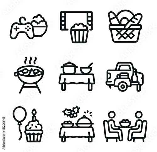 Snacking Occasions Icons. Outline icon set of snacking occasions: game night, movie night, picnic basket, barbecue grill, potluck