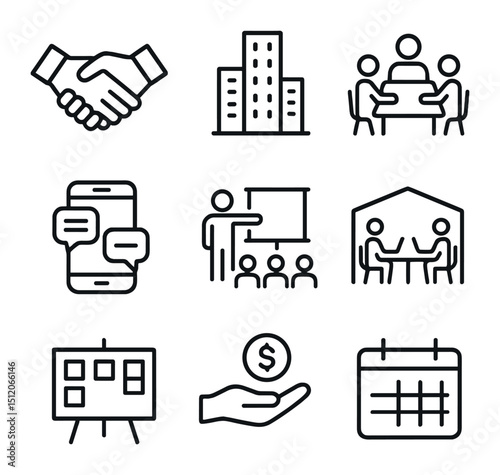 SME Cooperation Icons. Outline icon set of SME cooperation platforms: handshake, cluster of buildings, meeting room, smartphone