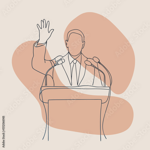 Illustration of Line Art Speaker at Podium with Microphones Giving Speech Raising Hand