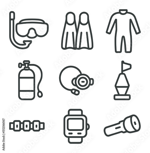 Snorkeling Gear Icons. Outline icon set of snorkeling and diving gear: snorkel mask, fins, wetsuit, oxygen tank, regulator, buoy,