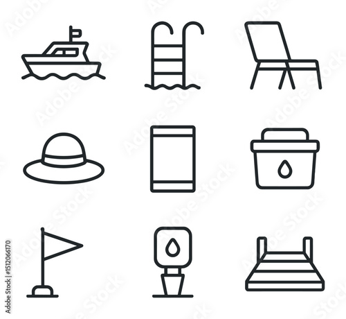 Snorkeling Excursion Icons. Outline icon set of snorkeling excursion elements: charter boat, boarding ladder, deck chair, sunhat,