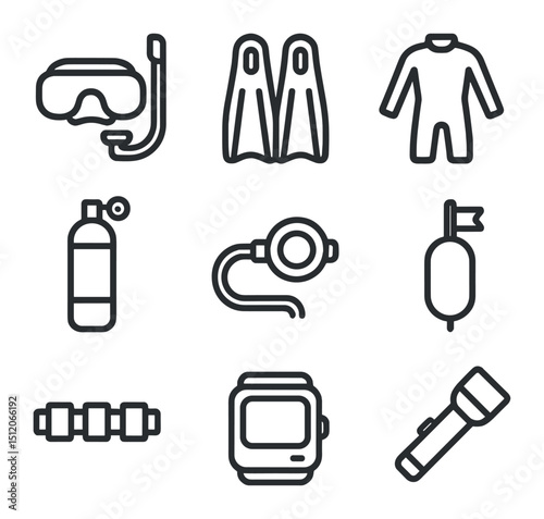 Snorkeling Gear Icons. Outline icon set of snorkeling and diving gear: snorkel mask, fins, wetsuit, oxygen tank, regulator, buoy,