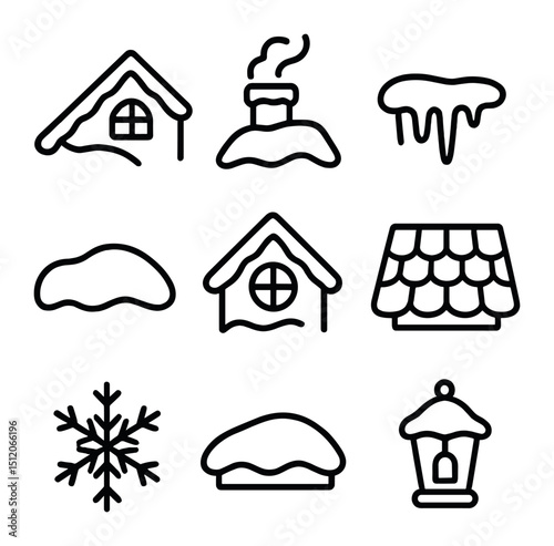 Snowy Village Icons. Outline icon set of snow-covered village rooftops: sloped roof, chimney with smoke, snowdrift, icicle, attic