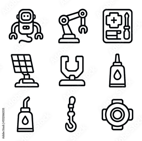 Space Repair Icons. Outline icon set of space station repair bots: EVA repair drone, robotic arm, hull patch kit, solar panel