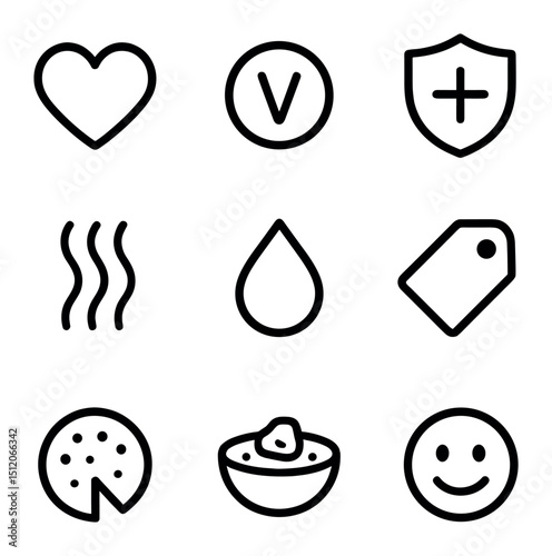 Soup Health Benefits Icons. Outline icon set of soup health benefits: heart icon, vitamin boost, immune shield, warmth waves,