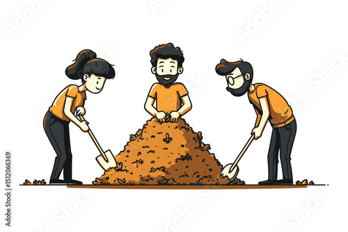 Teamwork in the garden: Cartoon illustration of people digging in the dirt