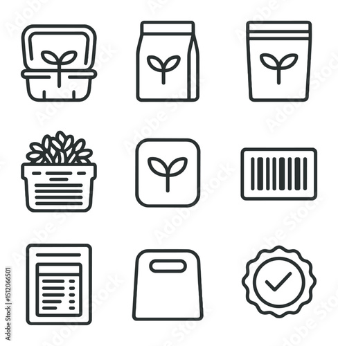 Sprout Packaging Icons. Outline icon set of sprout packaging design: clear clamshell, kraft bag, zipper pouch, vented box, label