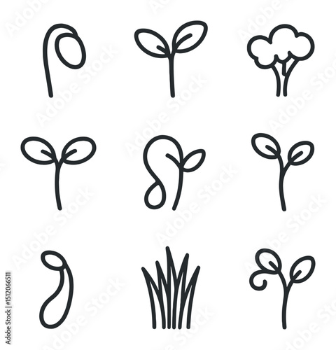 Sprout Icon Grid. Outline icon set of common sprout varieties: mung bean sprout, alfalfa sprout, broccoli sprout, radish sprout,