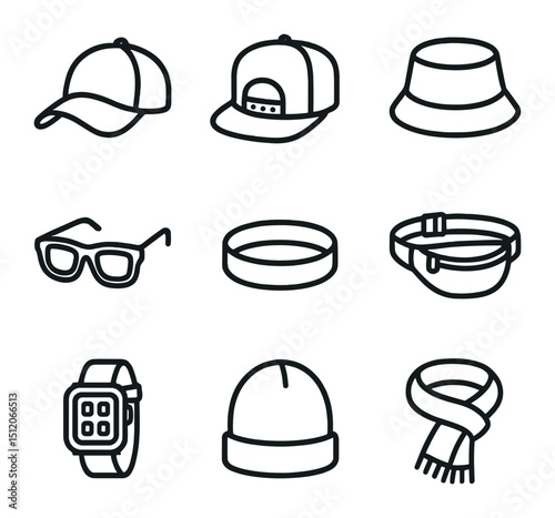 Sporty Accessories Icons. Outline icon set of casual–sporty accessories: baseball cap, snapback, bucket hat, sunglasses, wristband
