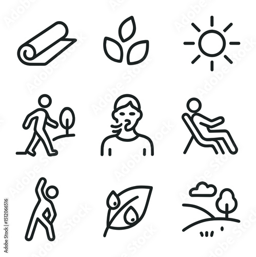 Springtime Wellness Icons. Outline icon set of springtime wellness: yoga mat, flower petals, sun rays, nature walk, breathing