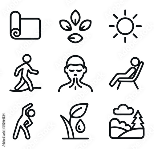Springtime Wellness Icons. Outline icon set of springtime wellness: yoga mat, flower petals, sun rays, nature walk, breathing