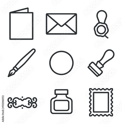 Stationery Icon Set. Outline icon set of greeting cards and stationery: folded card, envelope, wax seal, handwritten pen, sticker
