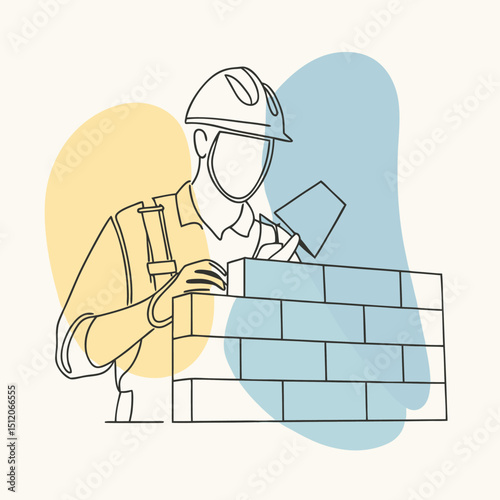 Line Art Construction Worker Builds Brick Wall with Trowel, Wearing Hard Hat and Safety Vest