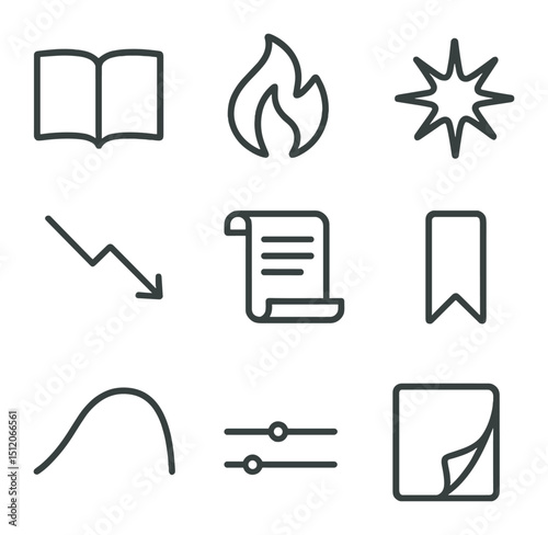 Story Progression Icons. Outline icon set of story progression: story prologue, rising action flame, climax burst, falling action