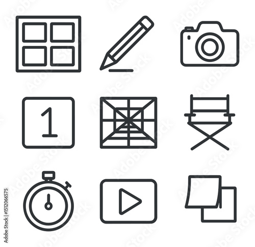 Storyboard Planning Icons. Outline icon set of storyboard planning session: storyboard frames, pencil sketch, camera icon, shot