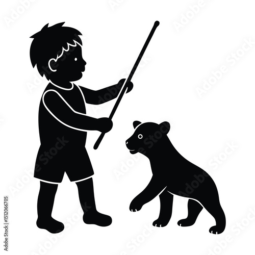 Silhouette illustration of a child training a bear with a stick on a white background