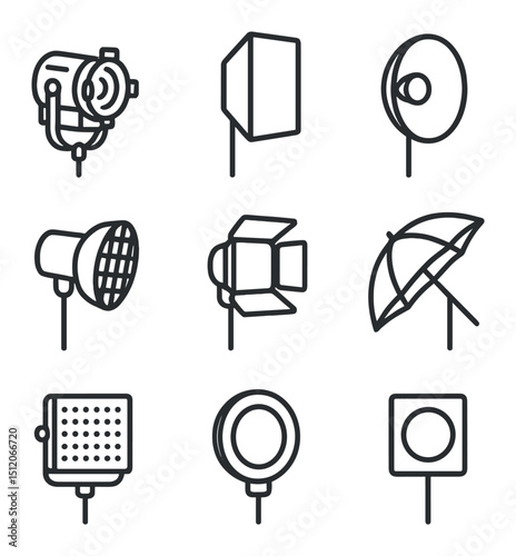 Studio Lighting Icons. Outline icon set of studio lighting equipment: Fresnel spotlight, softbox, beauty dish, grid snoot, barn