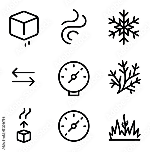 Sublimation Icon Set. Outline icon set of sublimation and deposition: ice cube, vapour swirl, snowflake, phase change arrow,
