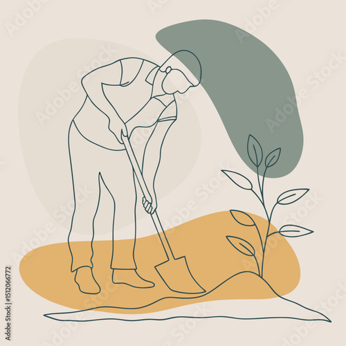 Line Art Illustration Farmer Planting a Tree Sapling with Shovel in Minimalist Style