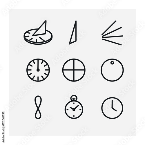 Sundial Icon Set. Outline icon set of sundial and time: sundial, gnomon, shadow, hour lines, sundial face, equinox mark, solstice