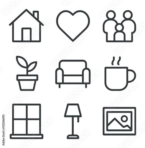 Supportive Home Icons. Outline icon set of supportive home environment: house, heart, family figures, potted plant, couch, tea mug