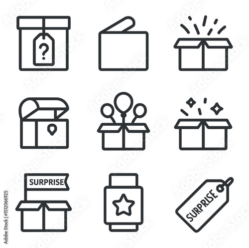 Surprise and Tactical Icons. Outline icon set of surprise boxes: mystery box, question mark label, pull-tab lid, confetti burst,