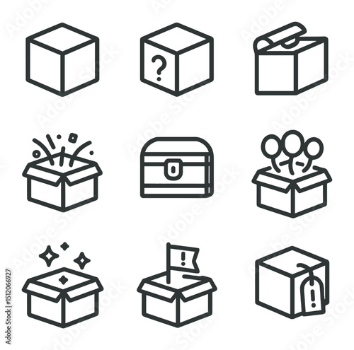 Surprise & Tactical Icons. Outline icon set of surprise boxes: mystery box, question mark label, pull-tab lid, confetti burst,