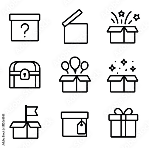 Surprise Box Icons. Outline icon set of surprise boxes: mystery box, question mark label, pull-tab lid, confetti burst, treasure