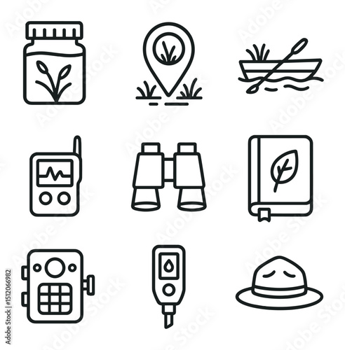 Swamp Conservation Icons. Outline icon set of swamp conservation and research: sampling jar, GPS marker, research boat, data