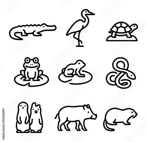 Swamp Fauna Icons. Outline icon set of swamp fauna: alligator silhouette, heron wading, turtle basking, frog on lily pad, snake