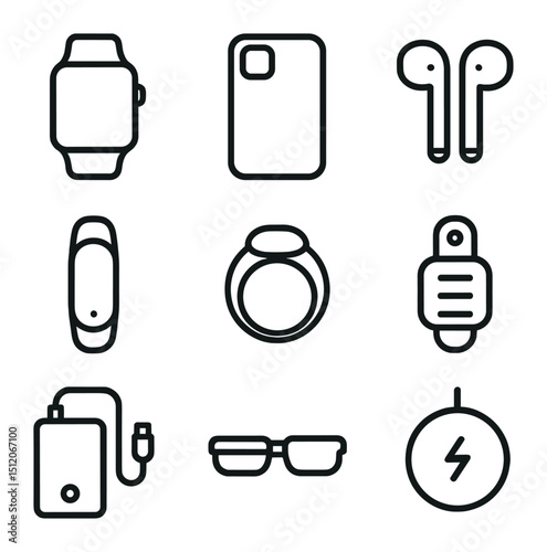 Tech Accessory Icons. Outline icon set of tech fashion accessories: smart watch, phone case, earbuds, wearable tracker, tech ring,