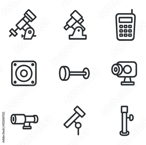 Telescope Mount Icons. Outline icon set of mount and tracking technologies: equatorial mount, alt-azimuth mount, computerized GoTo