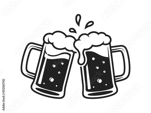 Black and white illustration of two beer mugs clinking with overflowing froth