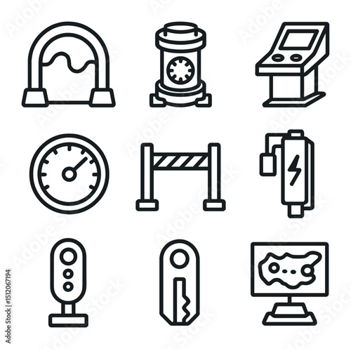 Terra Nova Icon Set. Outline icon set of Terra Nova time gate technology: portal arch, energy core, control console, temporal dial