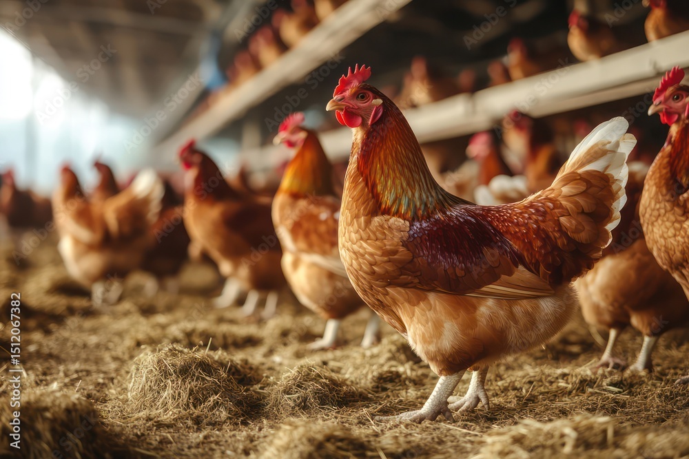 Fototapeta premium Chickens feeding on hay inside dairy barn