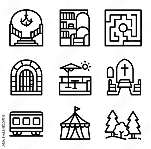Thematic Location Icons. Outline icon set of thematic set locations: grand hall, library alcove, garden maze, cellar dungeon,