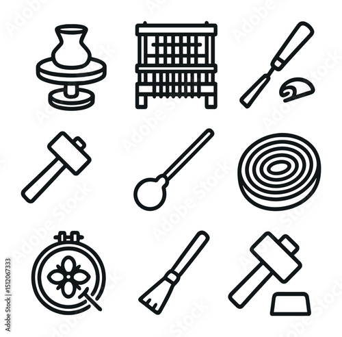 Traditional Craft Icons. Outline icon set of traditional craftsmanship: pottery wheel, weaving loom, wood carving chisel,