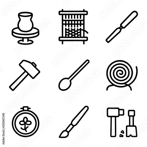 Traditional Craft Icons. Outline icon set of traditional craftsmanship: pottery wheel, weaving loom, wood carving chisel,