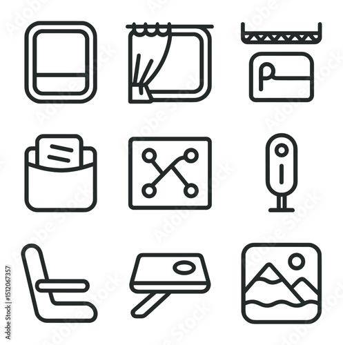 Train Compartment Icons. Outline icon set of train compartment windows: train window frame, sliding curtain, luggage rack, seat