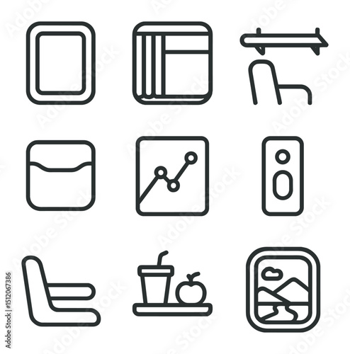 Train Compartment Icons. Outline icon set of train compartment windows: train window frame, sliding curtain, luggage rack, seat